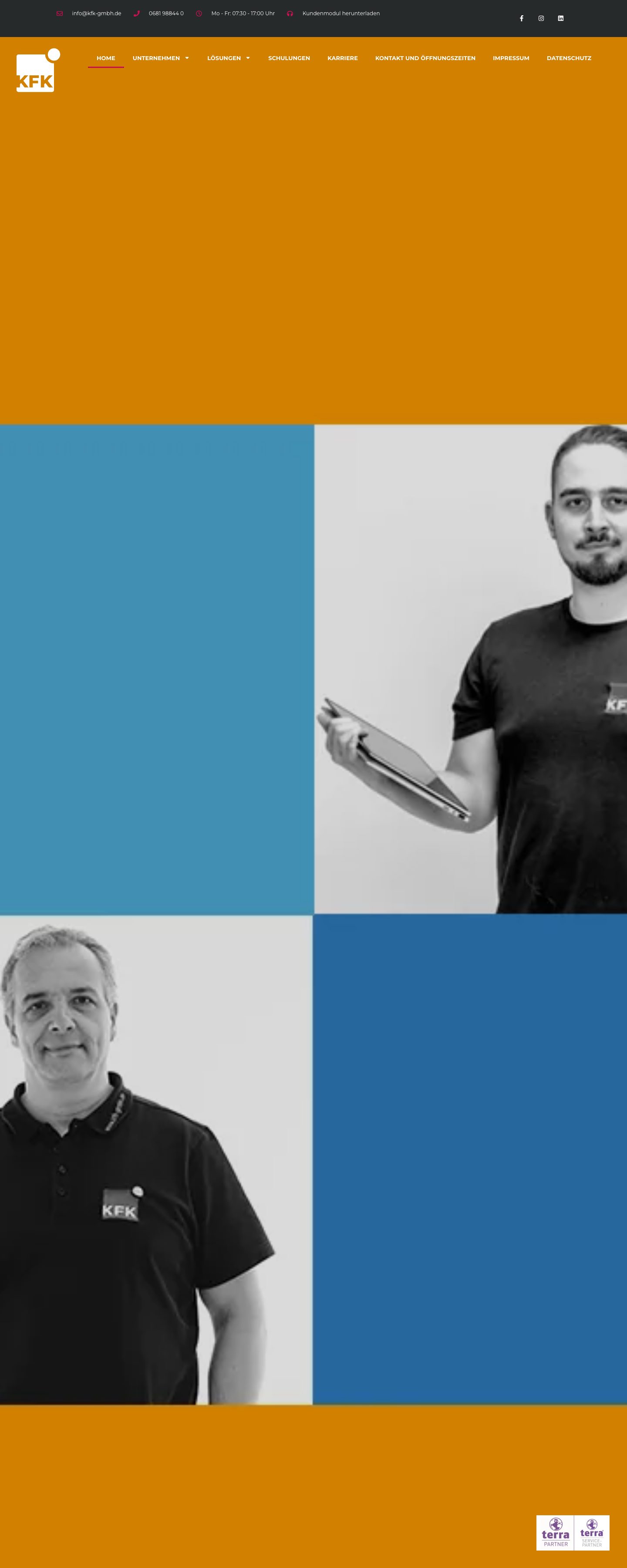 Startseite der Website der KFK GmbH (kfk-gmbh.de) aus Saarbrücken mit Farbflächen und Mitarbeiterfotos