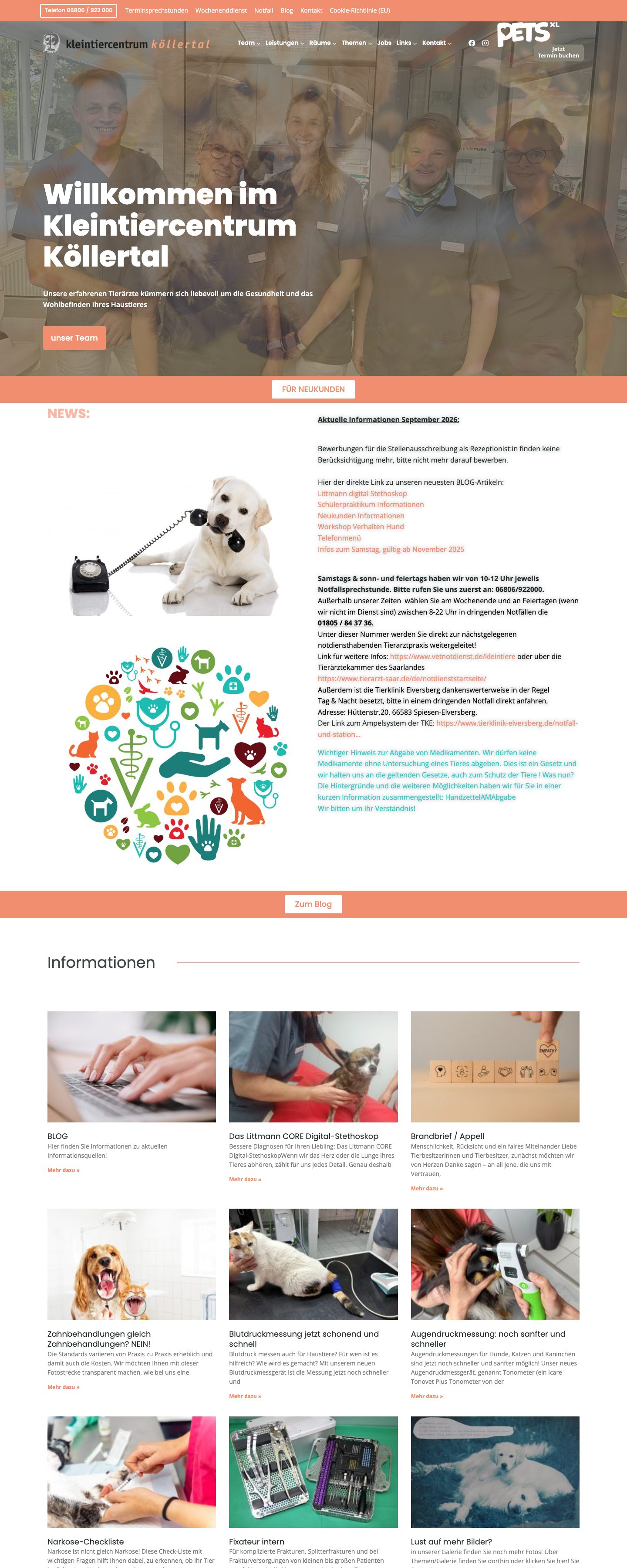 Startseite der Website des Kleintiercentrums Köllertal (kkkoe.de) mit dem Praxisteam im Hero