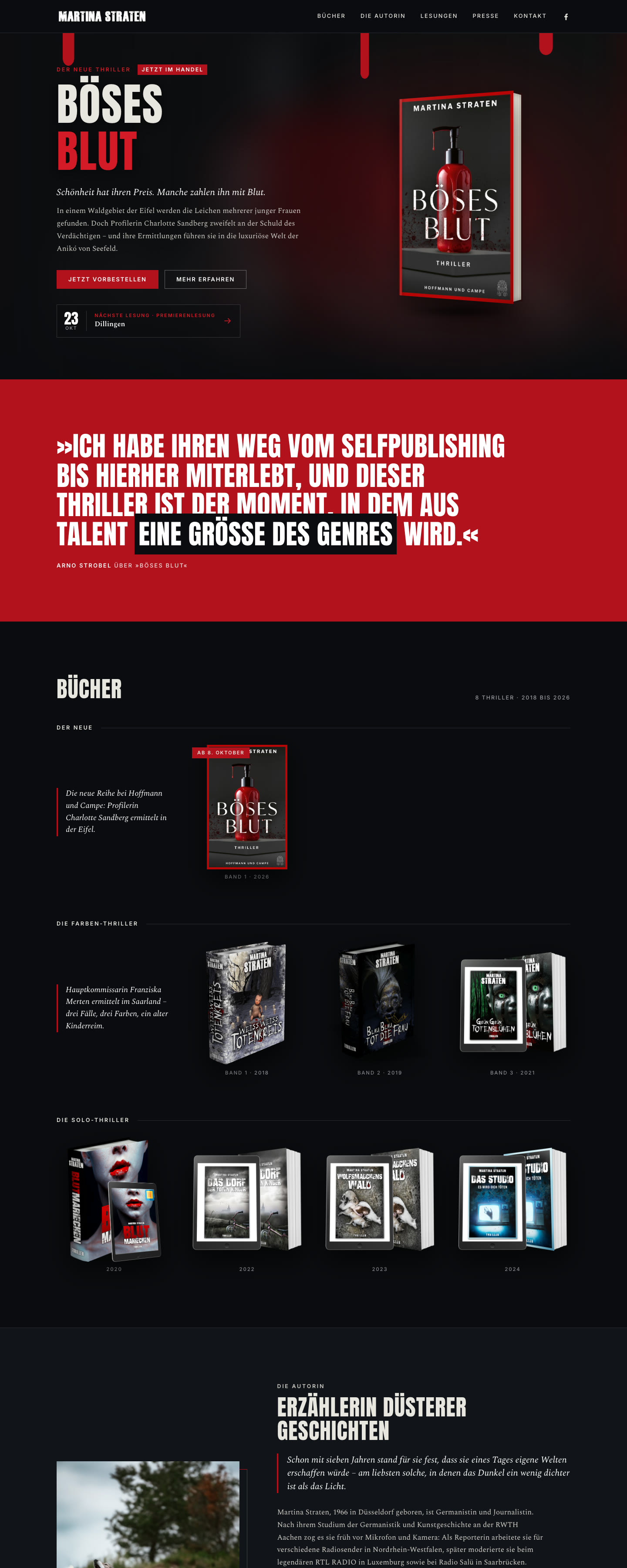 Startseite der Autorinnen-Website von Martina Straten (martinastraten.de) mit ihrem Thriller „Böses Blut“