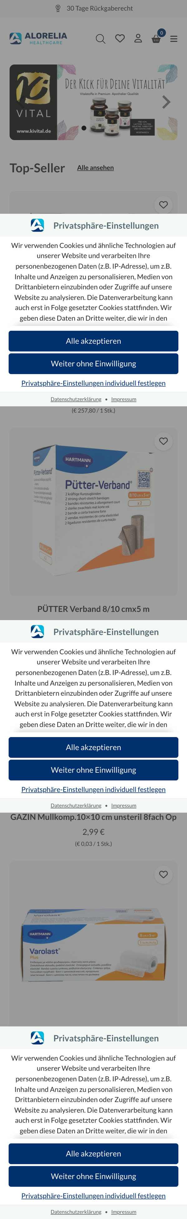 Shop alorelia.de von Alorelia Healthcare in der mobilen Ansicht mit Hinweis zu Privatsphäre-Einstellungen