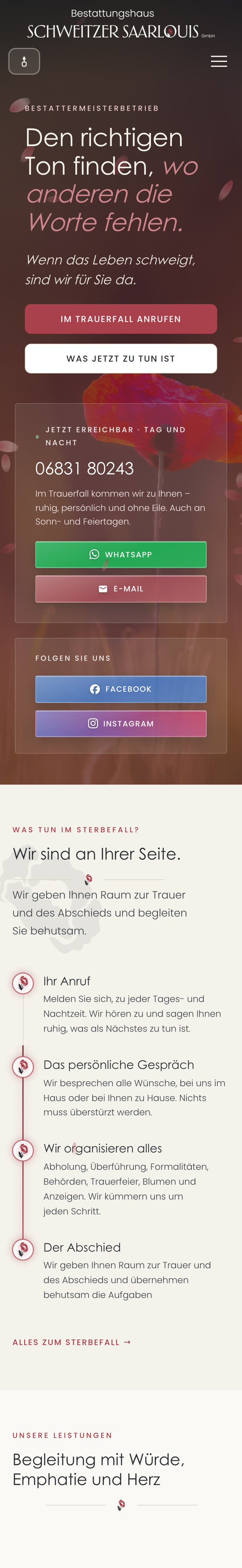 Website des Bestattungshauses Schweitzer in Saarlouis in der mobilen Ansicht mit Trauerfall-Buttons