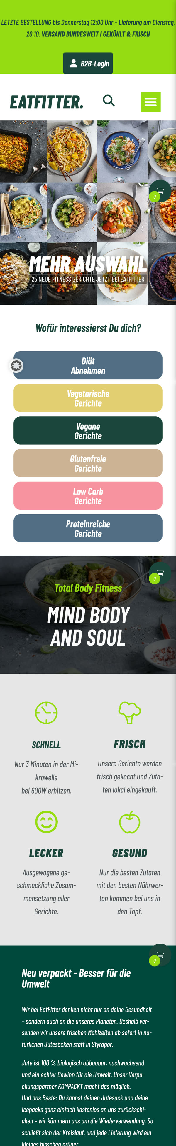 Onlineshop von EATFITTER (eatfitter.de) in der mobilen Ansicht mit Gerichten und B2B-Login