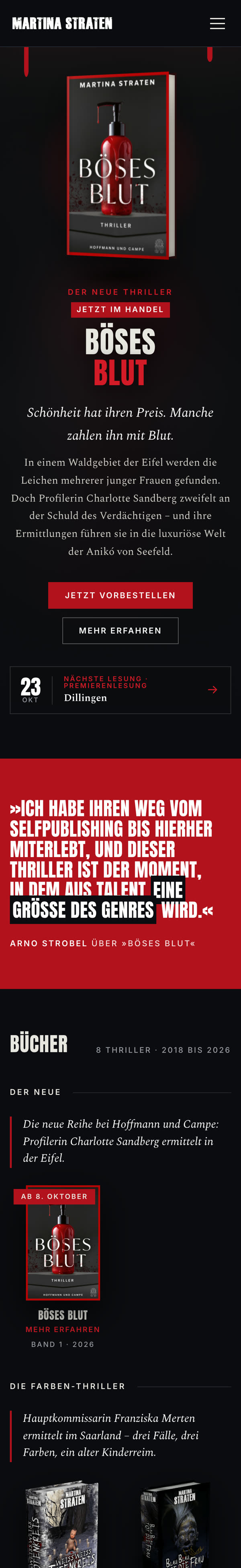 Website von Martina Straten (martinastraten.de) in der mobilen Ansicht mit dem Buch „Böses Blut“
