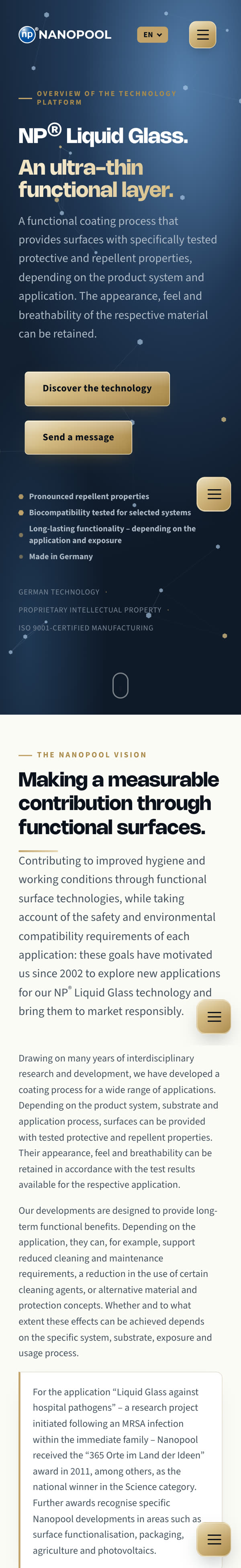 Website von Nanopool (nanopool.eu) in der mobilen Ansicht mit der Technologie NP Liquid Glass