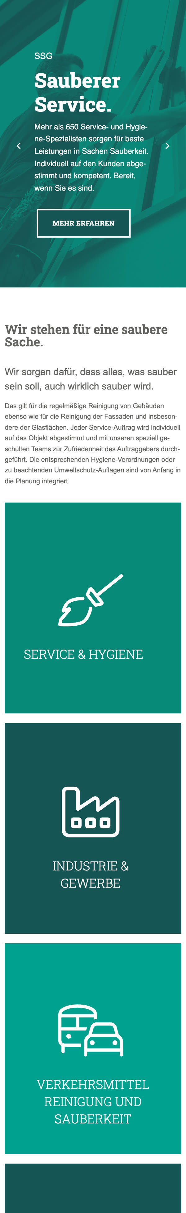 Website der SSG Saar Service GmbH (ssg.de) in der mobilen Ansicht mit Slogan „Sauberer Service.“