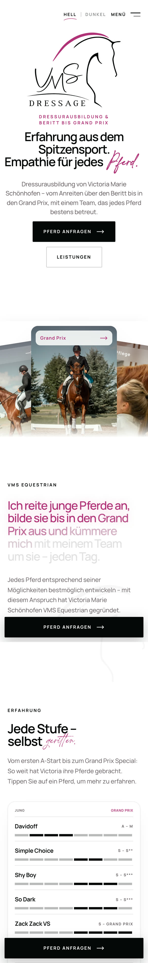 Website von VMS Dressage (vms-equestrian.lu) in der mobilen Ansicht mit Logo und Leitsatz zur Dressurausbildung