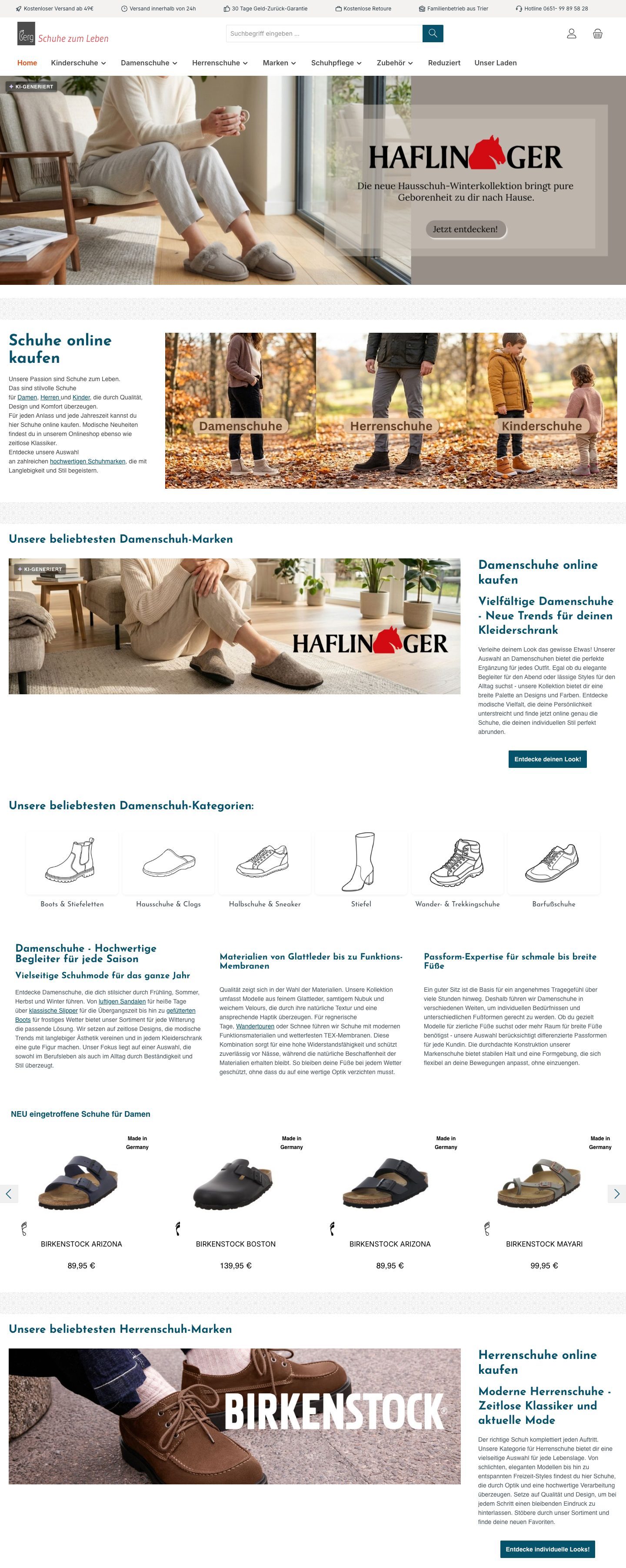 Startseite des Onlineshops Schuhe zum Leben (schuhe-zum-leben.de) aus Trier mit Kategorien für Damen, Herren, Kinder