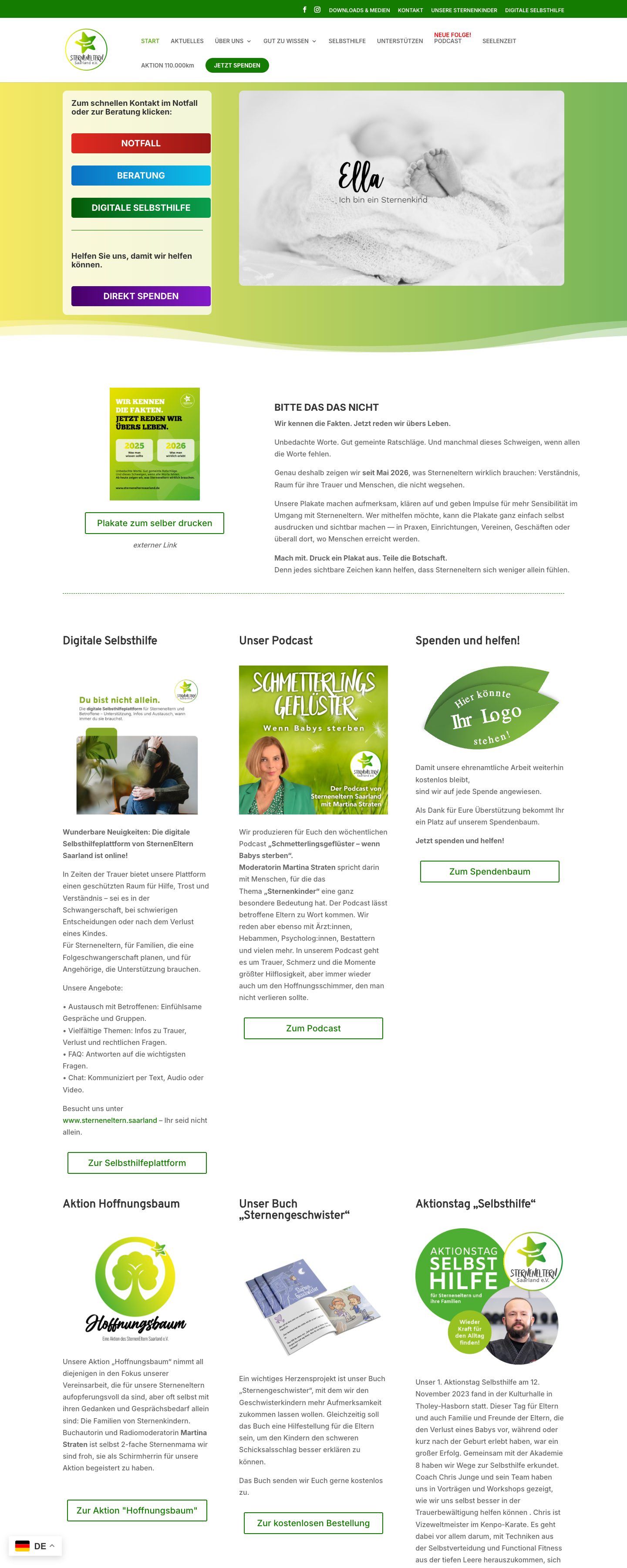 Startseite der Website von Sterneneltern Saarland e. V. (sternenelternsaarland.de) mit Notfall- und Spendenbuttons