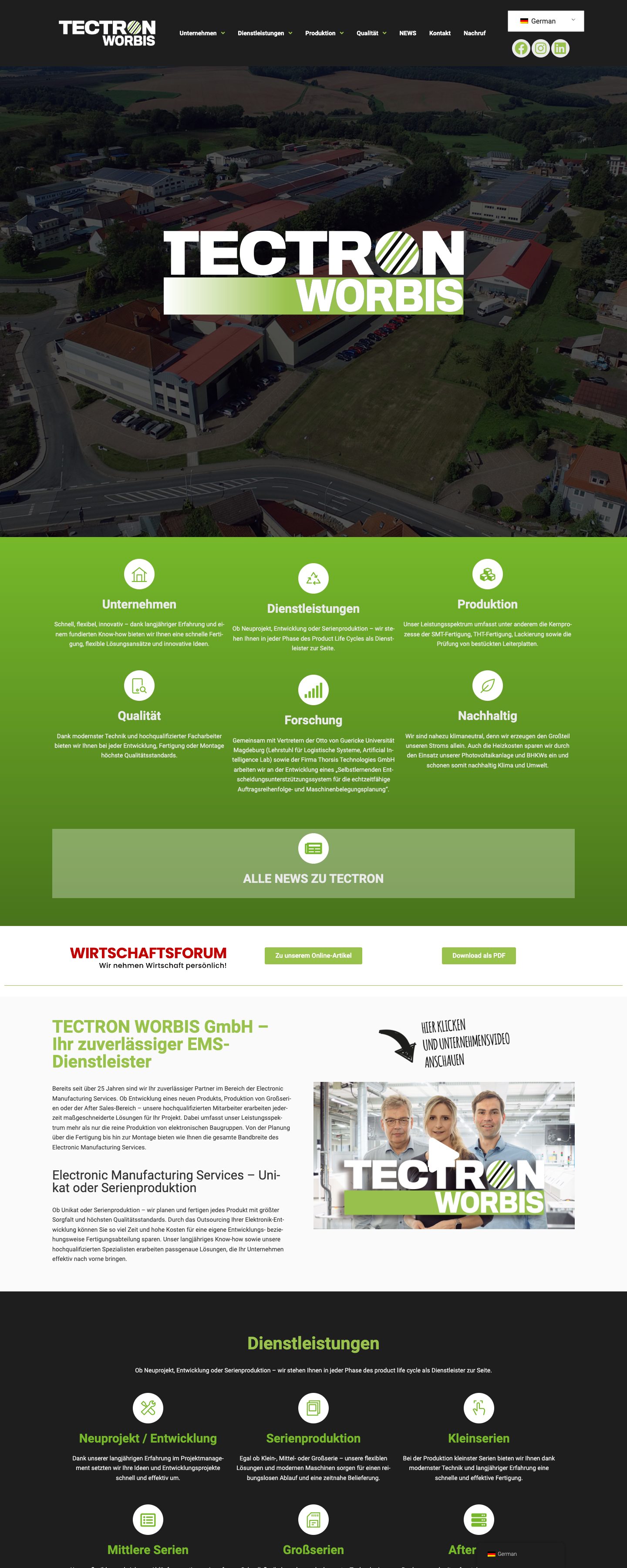 Startseite der Website von TECTRON WORBIS (tectron-worbis.de) mit Luftbild und grünen Leistungsbereichen