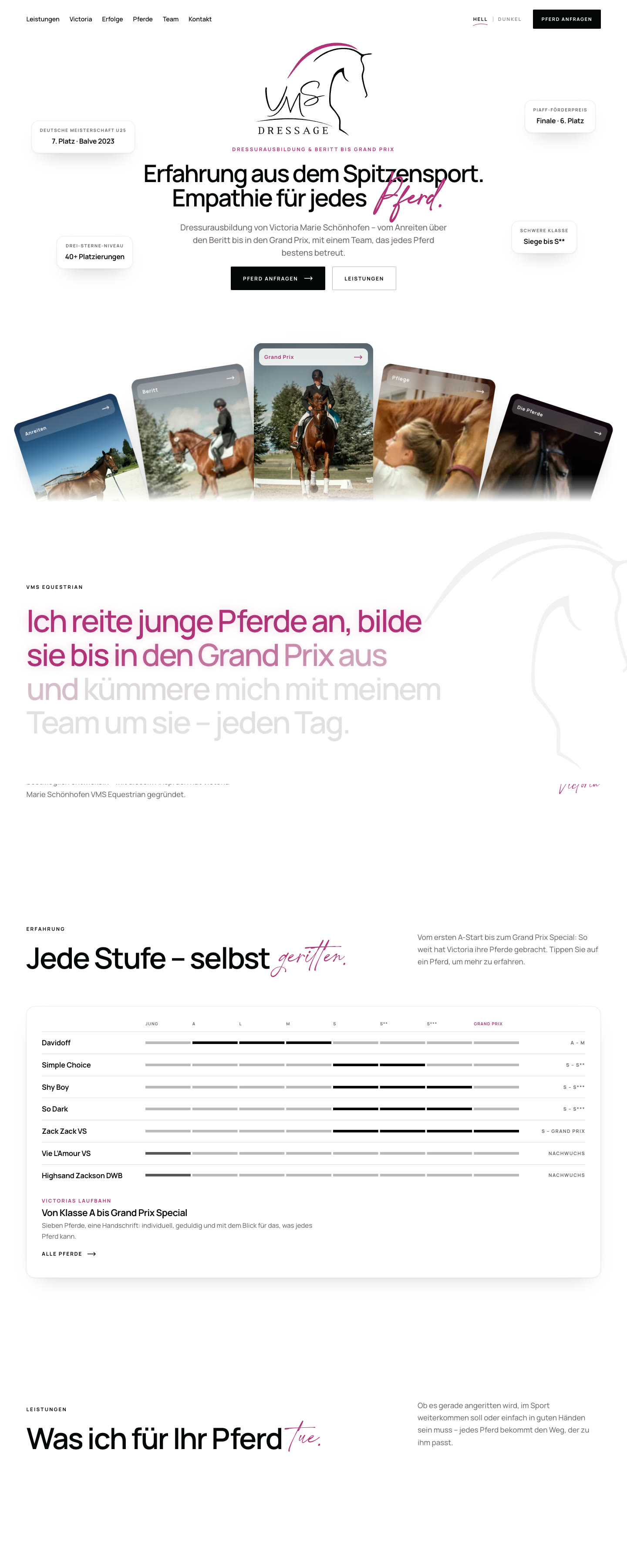 Startseite der Website von VMS Dressage (vms-equestrian.lu) mit Leitsatz und Bildkarten von Pferden
