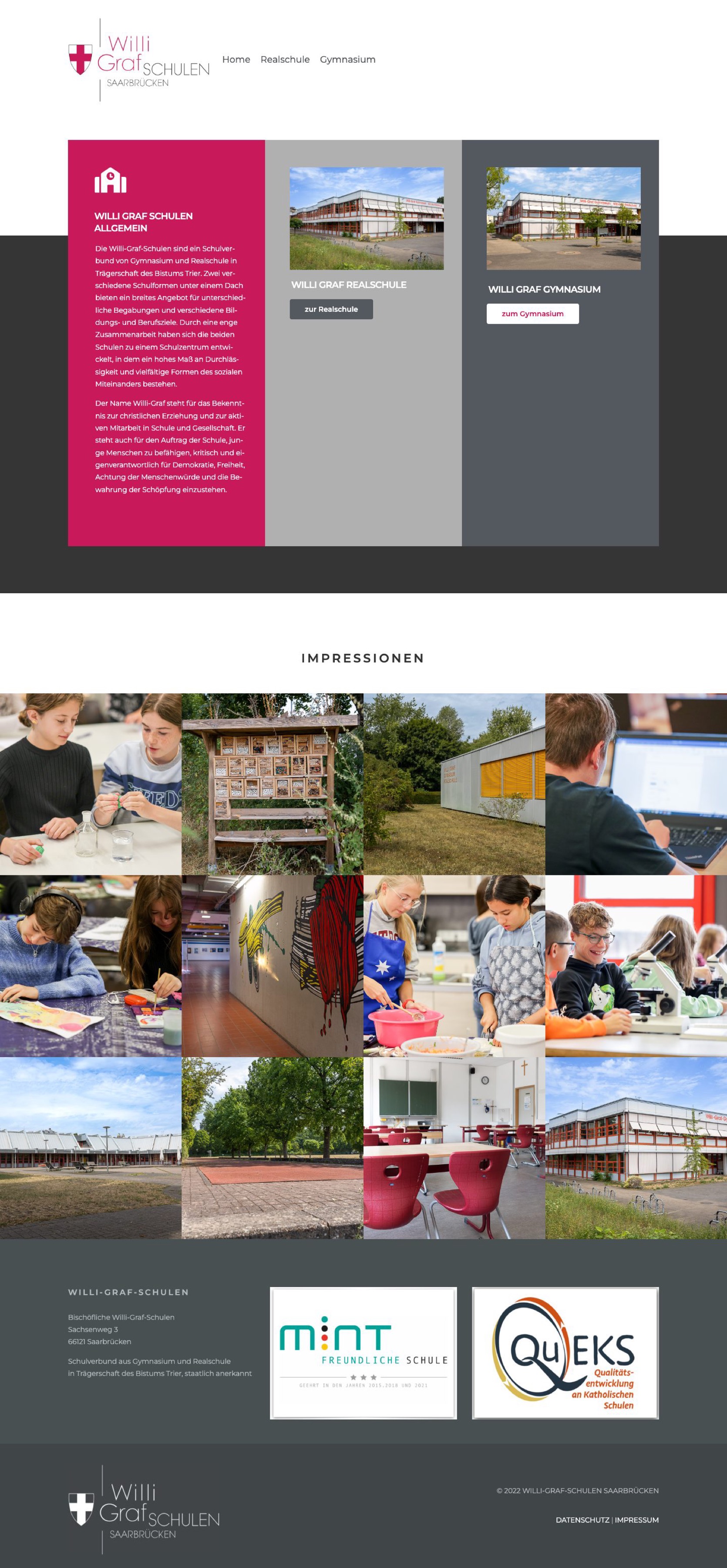 Startseite der Website der Willi Graf Schulen (willi-graf-schulen.de) mit Realschule und Gymnasium