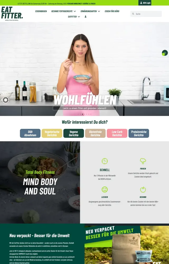 Website von EATFITTER mit Frau beim Essen und Schriftzug „Wohlfühlen“ im Hero, Vorschaubild