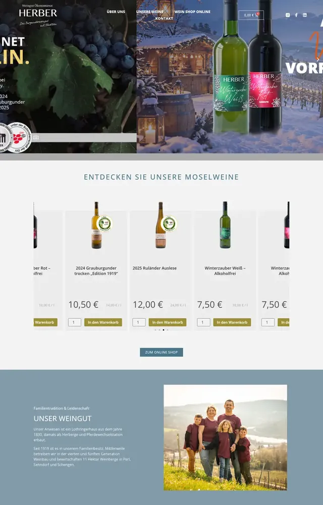 Website des Weinguts Herber mit Winterweinmotiv und Moselweinen im Shop, Vorschaubild