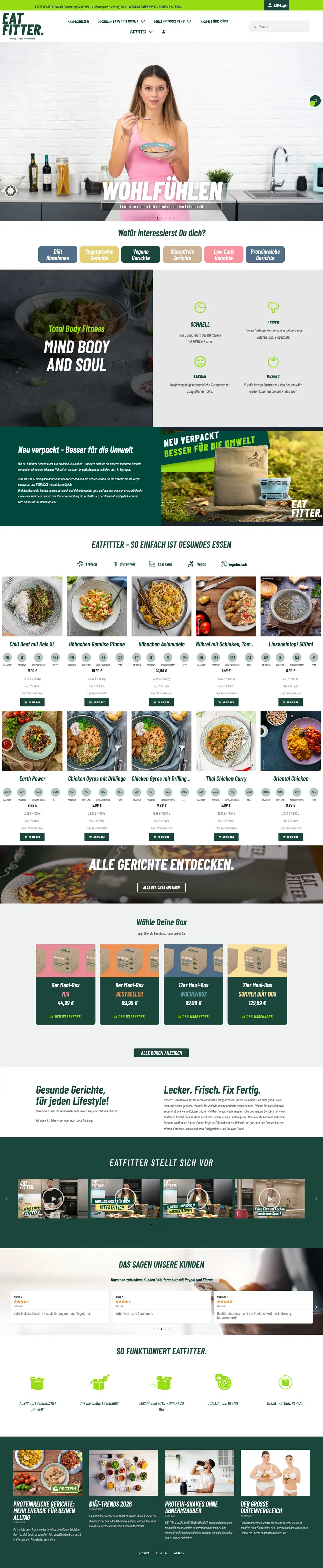 Komplette Startseite der Website von EATFITTER mit Hero „Wohlfühlen“, Gerichtekategorien und Nachhaltigkeit