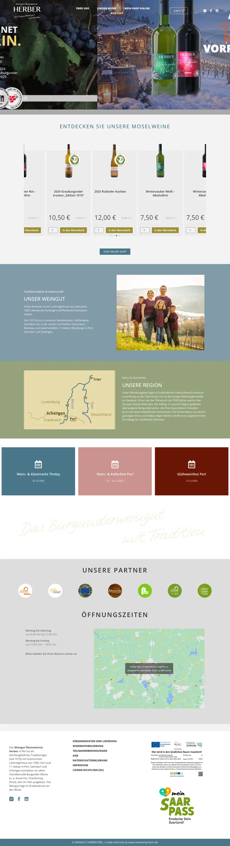 Komplette Startseite des Weinshops vom Weingut Herber mit Moselweinen, Weingut-Vorstellung und Kontakt