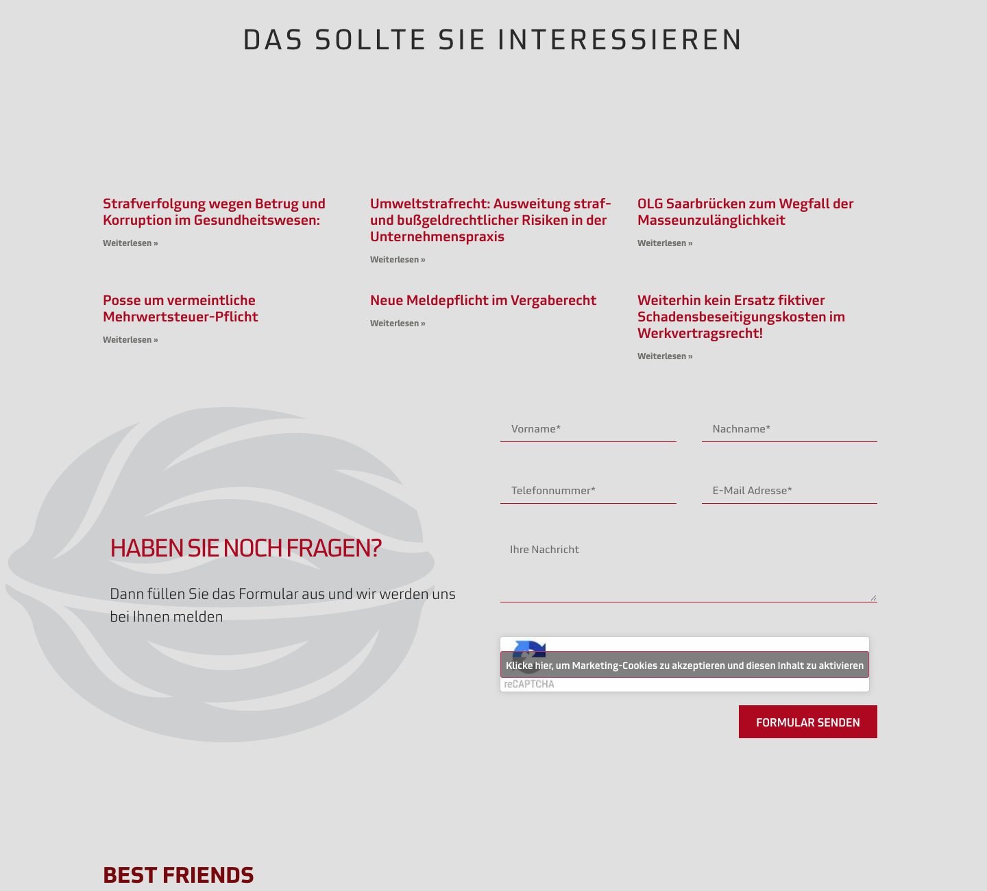 Fachbeiträge und Kontaktformular „Haben Sie noch Fragen?“ auf der Website von Eisenbeis & Partner