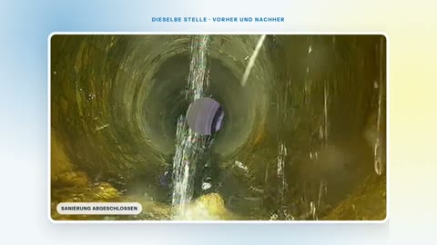 Vorher-Nachher-Bild aus dem Kanal im Erklärvideo für KDU Dörr: Wassereintritt in ein Abwasserrohr